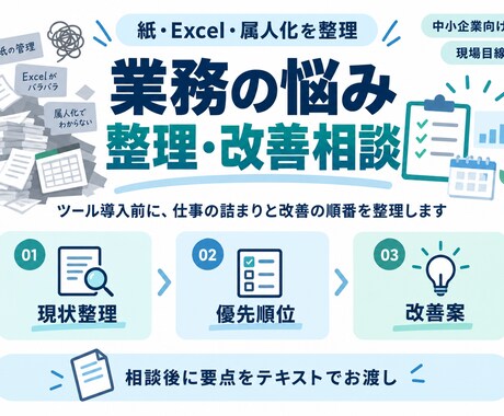 紙・Excel・属人化の悩みを整理します ツール導入前に、仕事の詰まりと改善の順番を整理します イメージ1