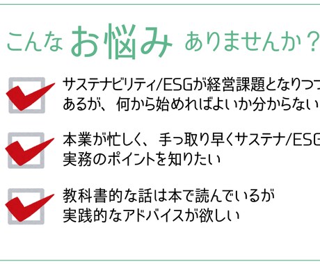 現役担当者がサステナ/ESG対応をサポートします 本業がお忙しい経営企画・IR・広報の皆さまのお悩み相談室 イメージ2