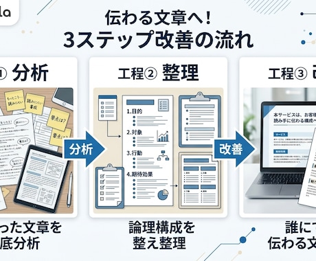 文章を設計し伝わる形に整えます 構造から整理し、読まれる文章へ。 イメージ2