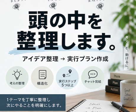 頭の中のアイデアを整理し実行プランにします まとまらないアイデアを整理し、具体的な行動に落とし込みます！ イメージ1