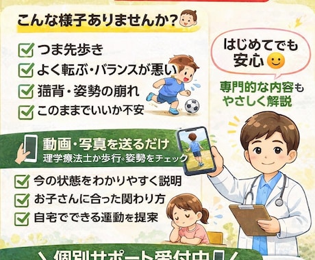 子どもの歩行姿勢チェック個別サポートします 動画写真をもとに歩行姿勢を確認し運動ポイントをお伝えします イメージ1