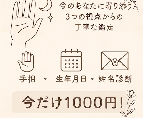 手相×誕生日×名前で運勢を占います 【今だけ1000円】手相＋名前＋生年月日で丁寧に鑑定 イメージ1