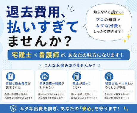 退去費用払いすぎ？原状回復の妥当性を判断します 国土交通省のガイドラインに沿って対応します！そして激安です！ イメージ1