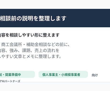 創業融資・補助金相談前の事業説明を整理します 事業内容を相談しやすい形に整えます イメージ1