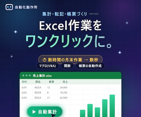 Excelの集計・転記をマクロで自動化しますます 月末の集計が数時間→ワンクリックに。VBA・関数おまかせ イメージ1