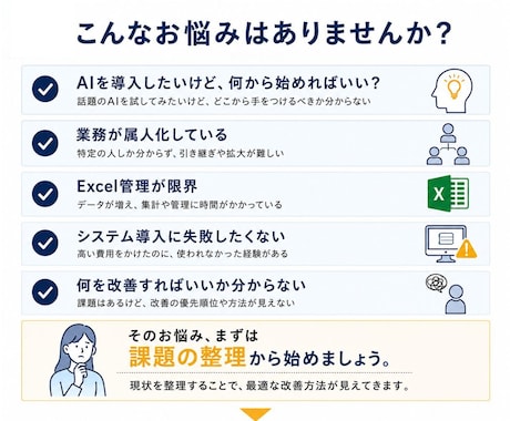 業務改善の課題を診断し最適な方法をご提案します 導入したシステムも使われなければ意味がありません。 イメージ2