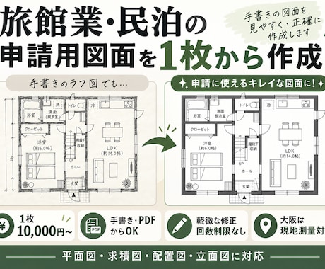 旅館業・民泊申請用の図面を1枚から作成します 手書き、既存図面から対応見やすく綺麗な申請用図面を作成 イメージ1