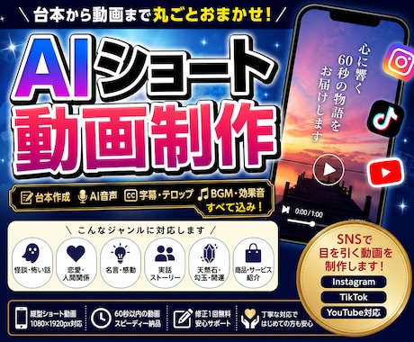 AIショート動画を制作します 台本・AI音声・字幕・BGMまでまとめて対応 イメージ1