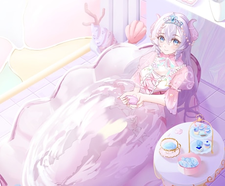 少女メインのラブリーなイラスト制作します 背景アリ対応可◎小物多めのごちゃっとしたイラストなど！ イメージ1