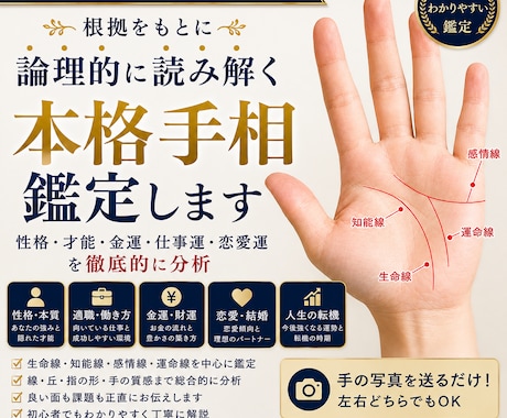 写真1枚で“本質・才能・金運”を徹底手相鑑定します 線・丘・指の形から論理的に読み解く分析型鑑定スタイルです。 イメージ1