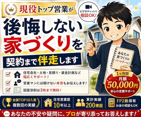後悔しない家づくりを契約まで伴走します 現役トップ営業が本音でサポート。 イメージ1