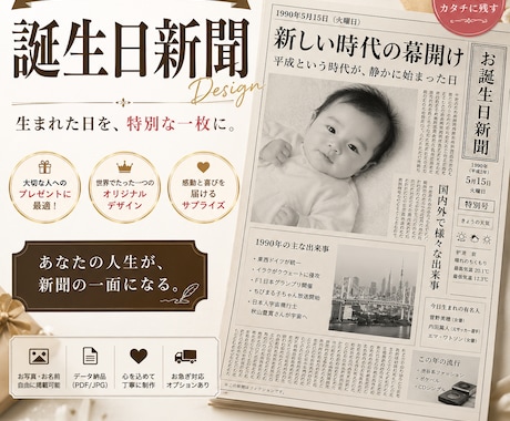 世界にひとつだけの誕生日新聞を作成します 生まれた日を、世界にひとつの記念新聞に。 イメージ1