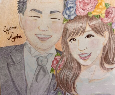 送料無料！写真を元に優しい色鉛筆似顔絵描きます 記念日に手描き似顔絵（色紙/A4/A3 )額縁付き! イメージ2