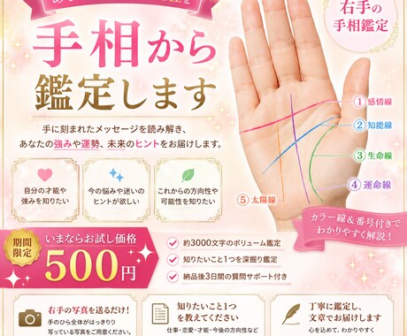 写真からわかるあなたの手相鑑定を丁寧に分析します 手のひらの写真1枚から、手相鑑定させて頂きます。 イメージ1