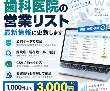 歯科医院の営業リストを最新情報に更新しますます 古い医院名・住所・URLを公的データで照合・更新 イメージ1