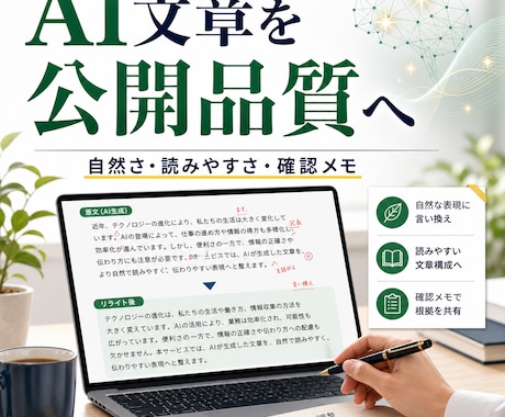 AI生成記事を公開できる品質にリライトします AIっぽさ・読みにくさ・根拠の正確さを人の目で整えます イメージ1