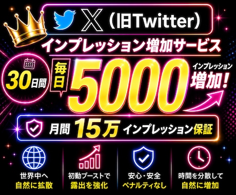 30日間Xインプレッション5000以上増加させます X（旧Twitter）30日間増加！1日３投稿まで対応可能〇 イメージ1