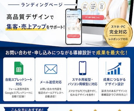 LP制作　高品質なランディングページを制作します スマホ・PC完全対応　問い合わせ導線まで構築するLPを制作 イメージ1