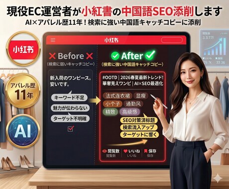 現役EC運営者が小紅書の中国語SEO添削します AI×アパレル歴11年！検索に強い中国語キャッチコピーに添削 イメージ2