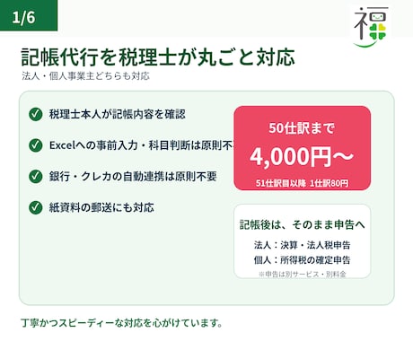 税理士が法人・個人事業主の記帳を代行します 50仕訳4,000円～｜税理士対応・そのまま申告まで イメージ1