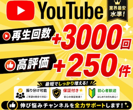 YouTube再生回数と評価が増えるまで拡散します 再生回数+3000回と評価+250件→1,500円 イメージ1