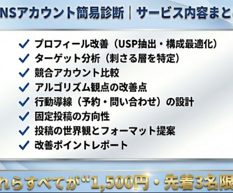SNSアカウント簡易診断・改善します 選ばれるSNSへ。プロが改善ポイント可視化（モニター3名） イメージ2