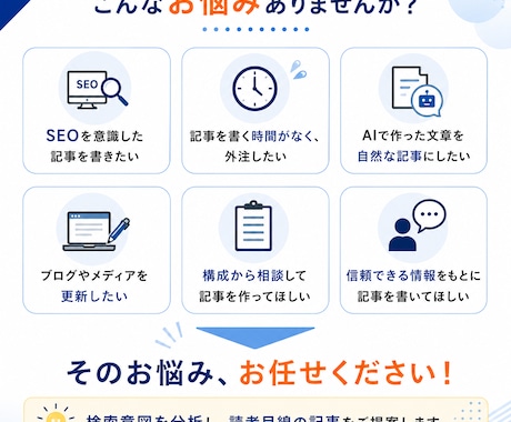 検索意図を分析しSEOに強い記事を執筆します 一次情報をもとに、信頼性の高い記事を丁寧に執筆します。 イメージ2