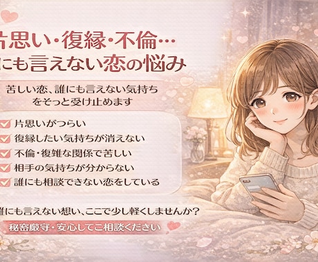 片思い・復縁・不倫…誰にも言えない恋の悩み聞きます 苦しい恋、誰にも言えない気持ちをそっと受け止めます イメージ1