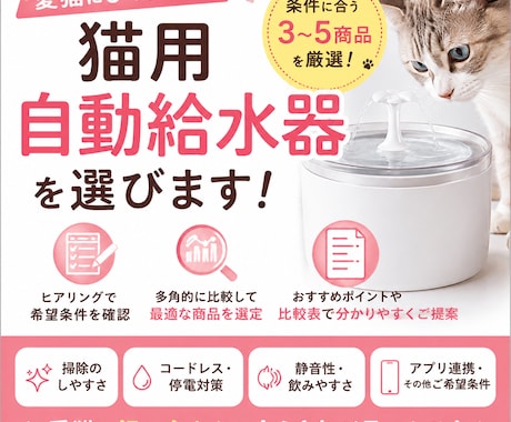 猫さんに合う自動給水器を様々な角度から探します 愛猫と飼い主さんに合う3〜5商品を厳選します イメージ1