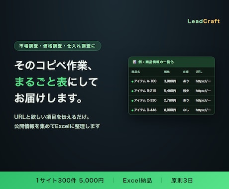 指定サイトの公開情報をExcelに一覧化します 商品・店舗・物件など、Web上の公開データを表に整理 イメージ1