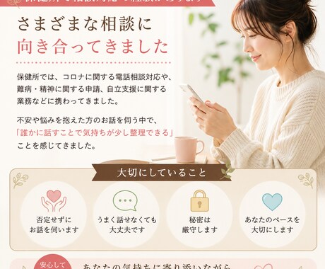 誰にも話せない悩みを保健所相談経験者が聞きます 「誰かに聞いてほしい」そんな時、安心してお話しください イメージ2