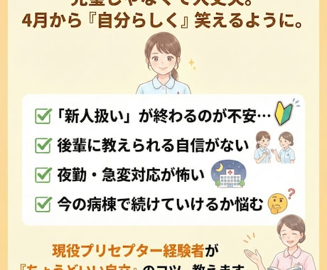 出勤するのが怖い新人看護師さんの不安を軽くします 18年目の先輩が贈る、4月頑張る新人看護師さんの心の処方箋 イメージ2