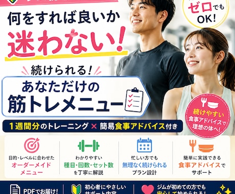 初心者向け｜ジムで迷わない筋トレ作ります 何をすれば良いか分からない方へ！あなた専用で作成します イメージ1
