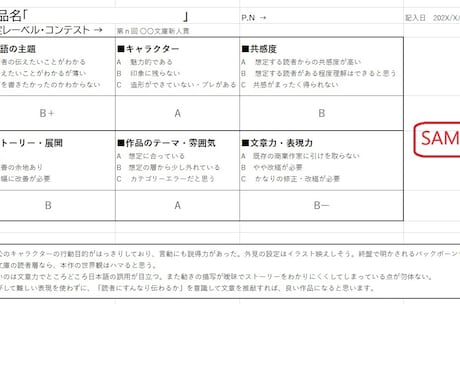 選考員経験者が【新人賞応募作品】アドバイスします 現役編集者が、応募原稿の項目別評価シート＆寸評をお送りします イメージ2