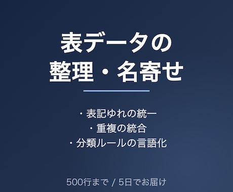 表データの整理・分類・名寄せをします 表記ゆれの統一と重複の統合。判断に迷った行は必ずご確認します イメージ1