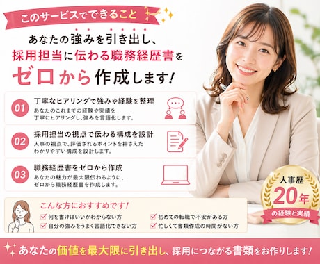 人事歴20年｜職務経歴書をゼロから作成します あなたの強みを言語化し伝わる書類を作成します イメージ2