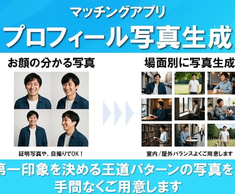 撮影不要！マッチングアプリ用写真を作成します ＜自撮り・証明写真OK＞頂いた写真でプロフィール写真を生成 イメージ1