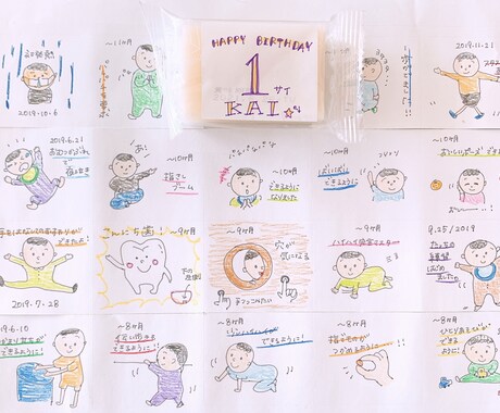 一歳のお誕生日に一升餅用イラスト描きます 市販のカット餅に貼るだけで可愛いオリジナル一升餅の出来上がり イメージ1