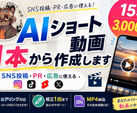 AIショート動画を15秒3,000円で作成します SNS投稿・広告・PRに使えるAI動画を1本から制作します イメージ1