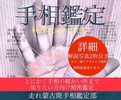 とにかく細かい所迄知りたい方へ、手相鑑定致します 左右の手のひら画像2枚付き、仕事恋愛金結婚健康占います。 イメージ1