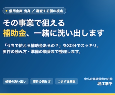 信金出身が審査目線で補助金を洗い出します 「うちで使える補助金あるの？」を一緒に整理します イメージ1