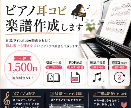 初中級者向けピアノ楽譜を耳コピ作成します イメージ1