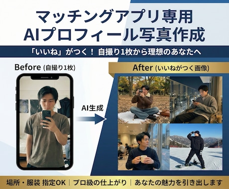 マッチングアプリのプロフィール画像を作成します 本人様の写真から、いいねが伸びやすいAI写真を作成！！ イメージ1