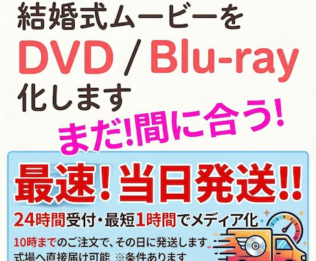 当日発送！お急ぎの方の間に合わせます まだ、間に合う！結婚式放映用データをDVDにします イメージ1