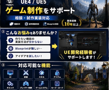 UEゲーム開発の相談・試作実装をお手伝いします UE案件に携わっている現役プログラマーがサポートします。 イメージ1