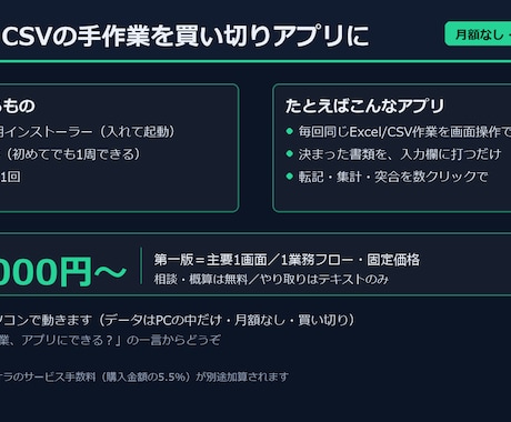 Excel・CSVの手作業を買い切りアプリにします Windows買い切り・月額なし・データはPCの中だけ イメージ2