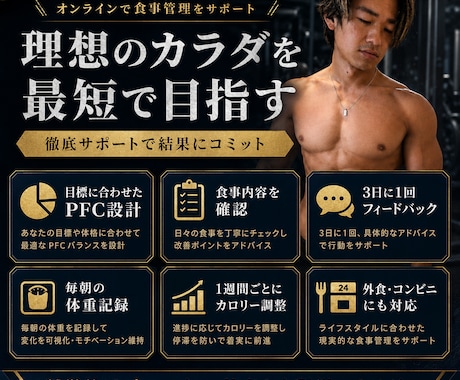 男性向けのオンライン食事管理をサポートします 筋肉を守りながら絞る食事管理をサポートします イメージ2