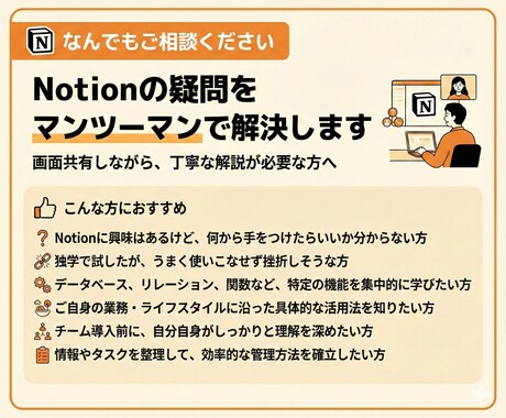 Notionの疑問をマンツーマンで解決します 画面を共有しながらの解説。丁寧な解説が必要な方へ イメージ2
