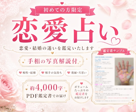 恋愛占いを手相×九星気学にて詳しく鑑定いたします 初回限定）鑑定歴29年！手相の画像解説付きで鑑定いたします！ イメージ1