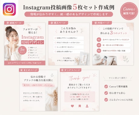インスタ投稿テンプレ5枚セットで作成します 実績作りのため5名様限定で5枚5,500円で制作中 イメージ2